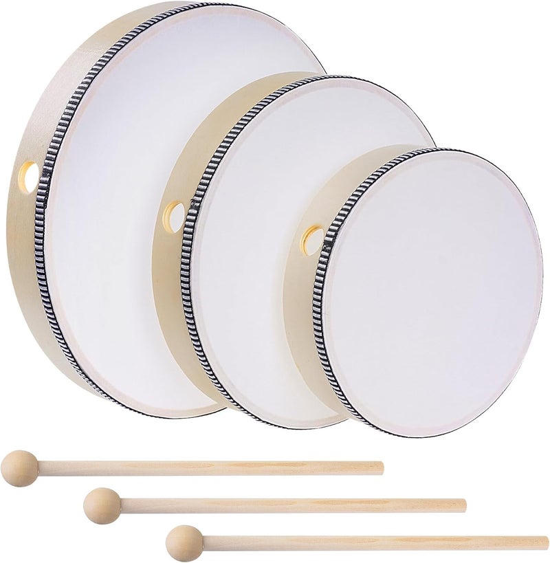 Nydotd 3pcs Hand Drum Percussion Wood Frame Drum with Drum Stick 12 Inch 10 Inch 8 Inch Percussion Instruments Preschool Musical Education Performance Pro (Wood Color, 12 Inch 10 Inch 8 Inch) - Image 1